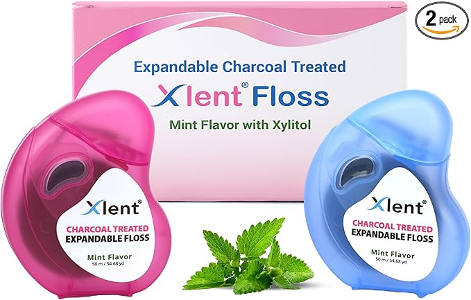 XLENT Floss Expandable Dental Floss – Activated Charcoal with Xylitol & Plant-Based Wax | Fresh Mint Flavor | PFAS & PTFE Free | 50 m x 2