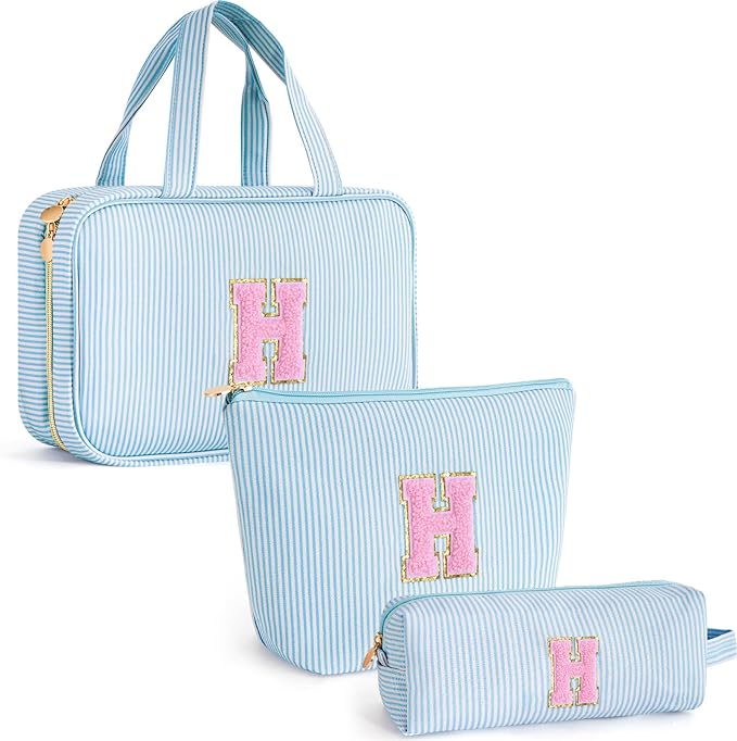 Fystdtote Birthday Gifts for Her - Personalized Friend Gifts - 3 Pieces Toiletry Bag Makeup Bag Cosmetic Bags for Women Travel Wedding Bridesmaid Gifts Teacher Gifts for Women - Blue H
