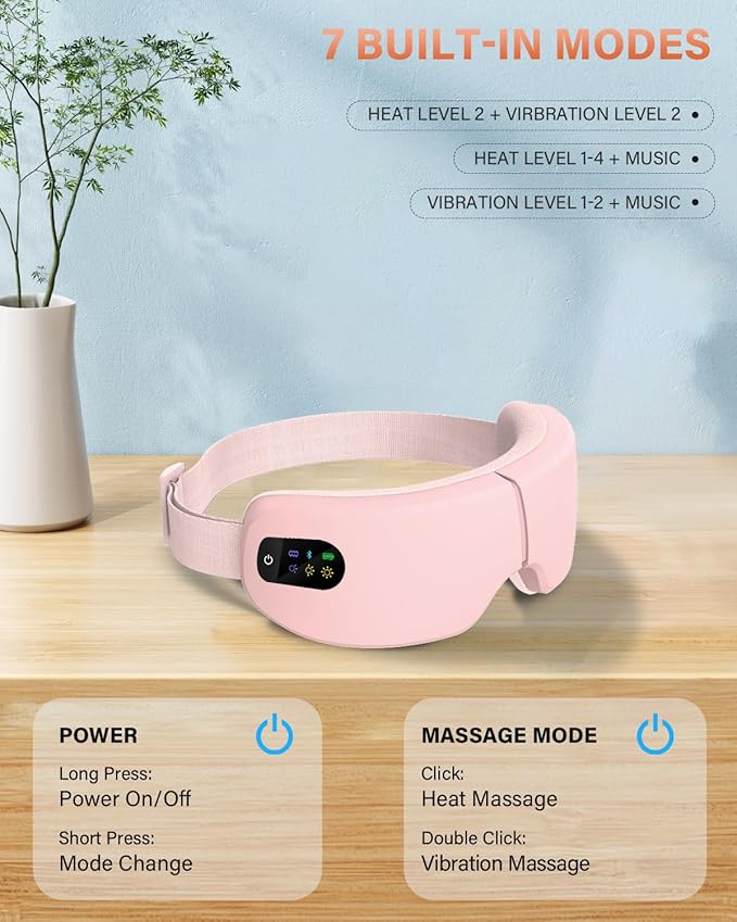 ZZR SEVEN Eye Massager with Heat, 7 Massage Modes, Eye Mask, Birthday Gifts for Women, Men, Friend, Mom and Dad, Sleep Mask for Relax, Migraine Relief, Reduce Strain, Improve Sleep, Pink