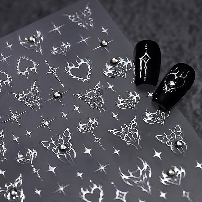 5D Embossed Heart Nail Art Stickers Self-Adhesive Silver Butterfly Nail Stickers for Nail Art Rhinestones Nail Decals Sliver Heart Nail Supplies Sliver Manicure Decorations for Women Girls