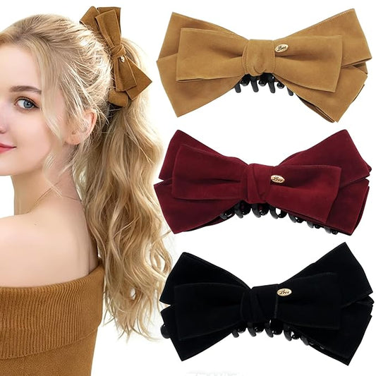 3 Pack Velvet Bow Banana Clips for Hair, Large French Hair Claw Clips for Women Thick Hair, Non-Slip Strong Hold Ponytail Holder, Elegant Ribbon Jaw Clips Accessories (Black, Burgundy, Camel)