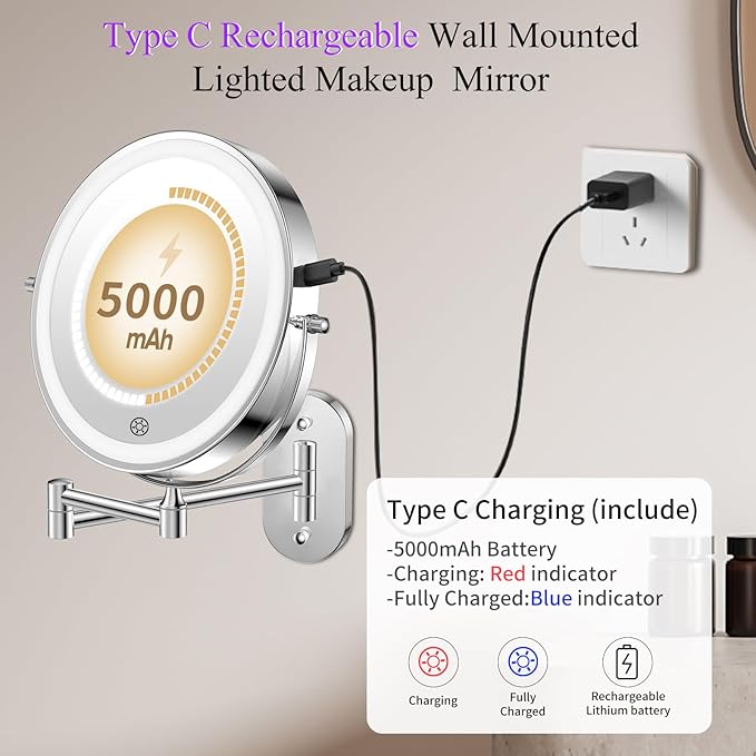 FUNTOUCH Rechargeable Wall Mounted Makeup Mirror with Lights,5000mAh Double Sided 3X/20X Magnifying,3 Color Lights,Touch Dimmable, Extended Arm 360 Rotation Lighted Bathroom Mirror with Magnification