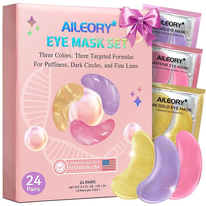 AILEORY Under Eye Patches for Dark Circles, Puffiness, Fine Lines, Eye Mask Set with Retinol, 24K Gold, Caffeine, Valentines Day Gift, Gel Mask for Women & Men, Birthday & Spa Party Favors, 24 Pairs
