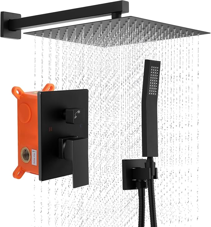 POPFLY 12 Inch Rainfall Shower System with Handheld Spray – Matte Black 2-Function Wall Mounted Faucet Set, Extra Long Shower Arm & Solid Brass Rough-in Valve (Trim Kit Included）