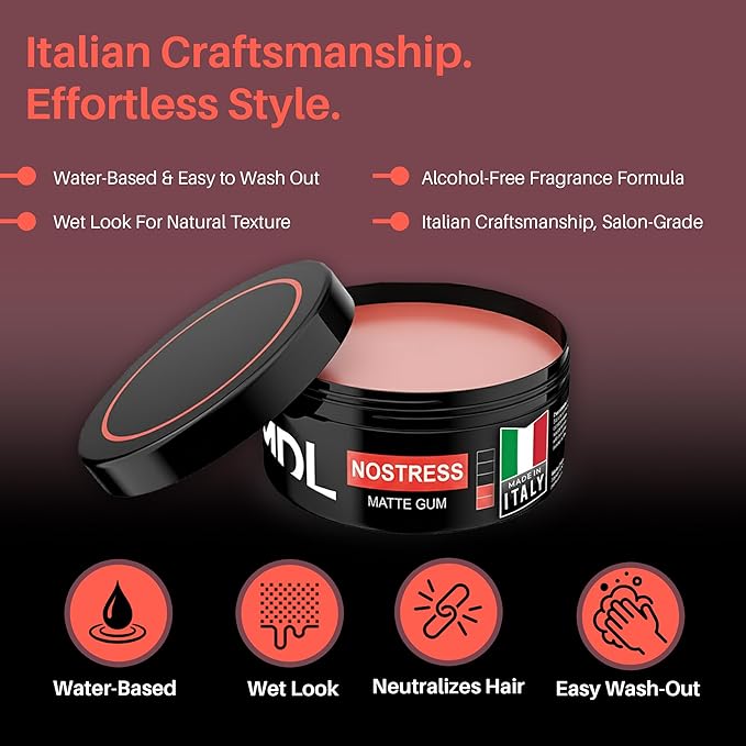 MY DE LUCA NO STRESS Matte Gum Hair Wax for Men, Reworkable Hold Pomade Alternative for Natural Matte Finish, Alcohol-Free Hair Hair Care for Control & Soft Finish, Water-Based, Made in Italy, 100 ml