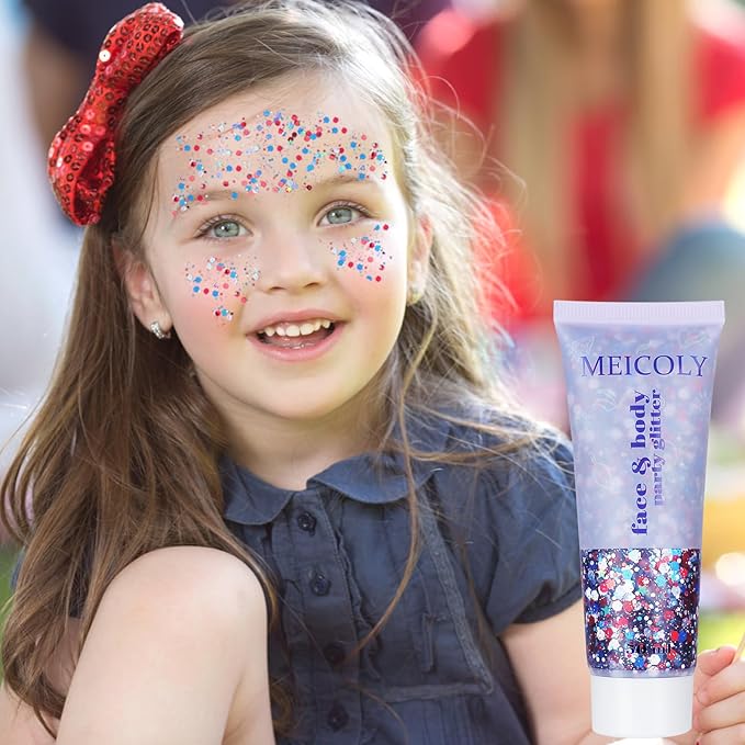 MEICOLY Red White and Blue Body Glitter,4th of July Patriotic Accessories Hair Glitter for Kids,4th of July Outfits for Women,Self-Adhesive Face Glitter for President's Day Veterans Day