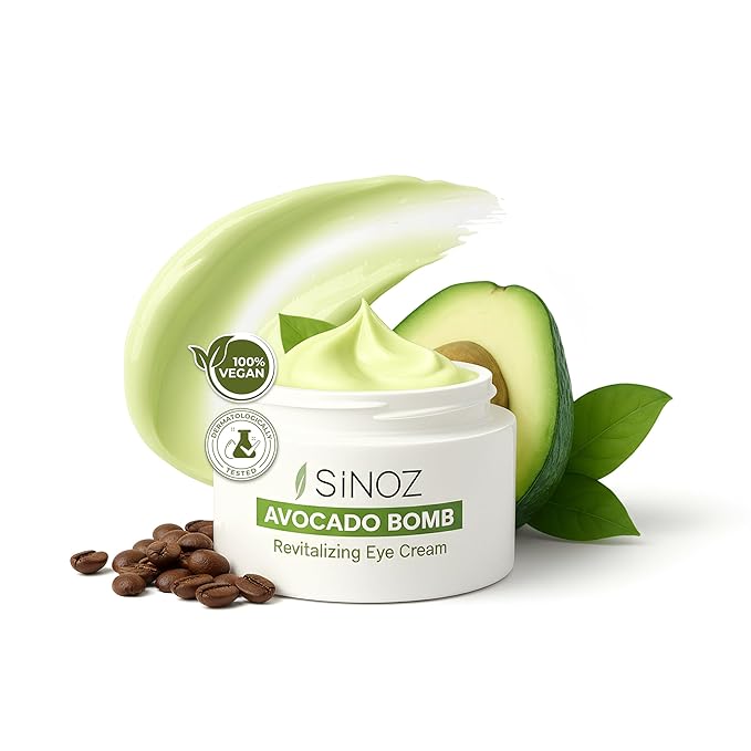 sinoz Avocado Caffeine Eye Cream for Dark Circles & Puffiness, Lightweight Under Eye Moisturizer, Vegan Daily Care, 0.5 fl oz (15 ml)