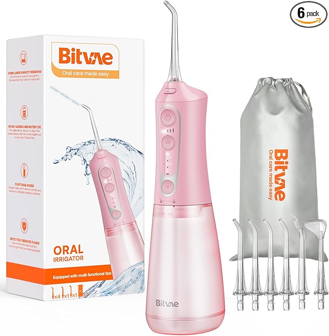 Bitvae C6 Water Dental Flosser Teeth Picks, Portable Cordless Oral Irrigator, IPX7 Waterproof Braces Flossers Cleaner, 5 intensities 6 Jet Tips, Rechargeable Water Dental Picks for Cleaning, Pink