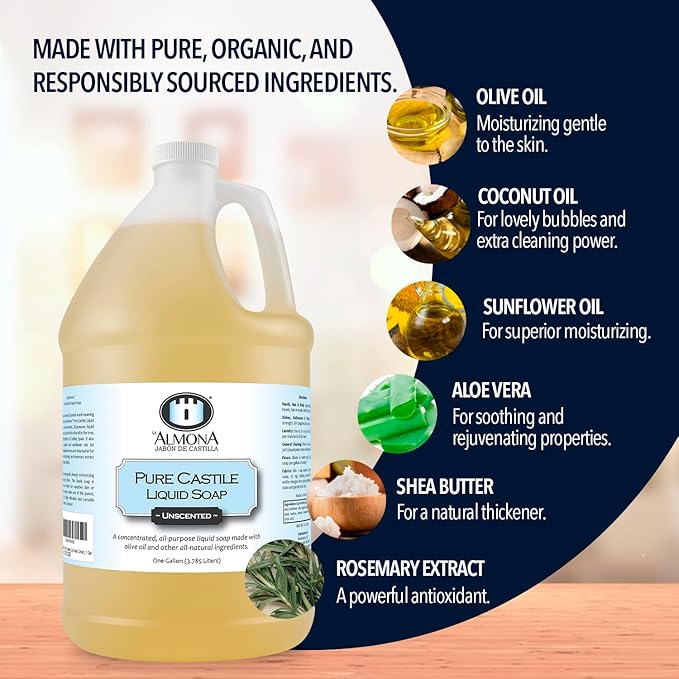 La Almona - Pure Castile Liquid Soap, LEMON, 1 Gallon - Multipurpose: Hands, Face, Body, Laundry, Dishes & More - For Sensitive Skin, All-Natural Ingredients, Scented with Essential Oils