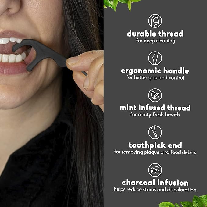 The Humble Co Dental Floss Picks for Teeth, 200 Count (Charcoal) - Single Thread Tooth Picks Flossers for Adults Gum Health - Plant-Based Toothpick Floss for Interdental Oral Care & Hygiene