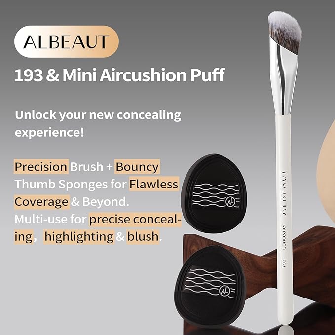 Concealer Brush Set Under Eye Concealer Brush with 2PCS Precise Air Cushion Puff Multi-use for Powder Liquid Concealer/Blush/Highlighter Mini & Portable