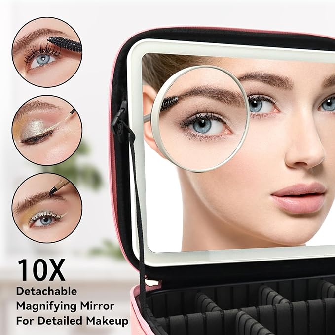 SLUMAZI Travel Makeup Bag with LED Mirror and 10x magnifying glass with 3 Lighted Settings, Adjustable Dividers and Makeup Brush Storage Bag Pink
