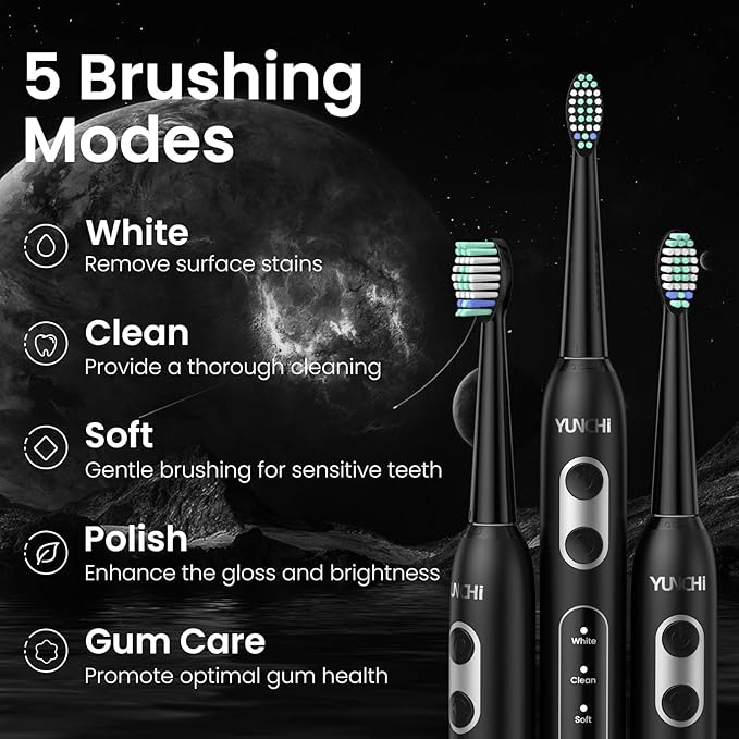 YUNCHI Electric Toothbrush Birthday/Valentine Plastic 8 Heads 24-Mo Deep Cleans Gentle Gums Removes Stains 3Hr USB-C 90d 2-Min Timer/30s IPX7 - Black