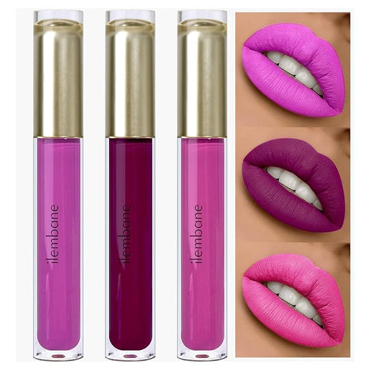 ilembane 3-Pack Multicolor Matte Liquid Lipstick Set –Urban Chic, Purple & Fresh Petal – Long-Lasting, Smudge-Proof, Waterproof – High-Pigment, Transfer-Resistant Colors for All-Day Wear