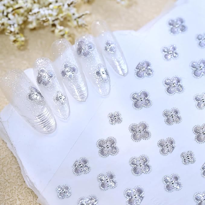 5D Embossed Nail Stickers Silver Nail Sticker for St. Patrick's Day Nail Art with Silver Four-Leaf Clover Design Nail Art Stickers Decals Lucky Nail Supplies Self-Adhesive for Women Girls