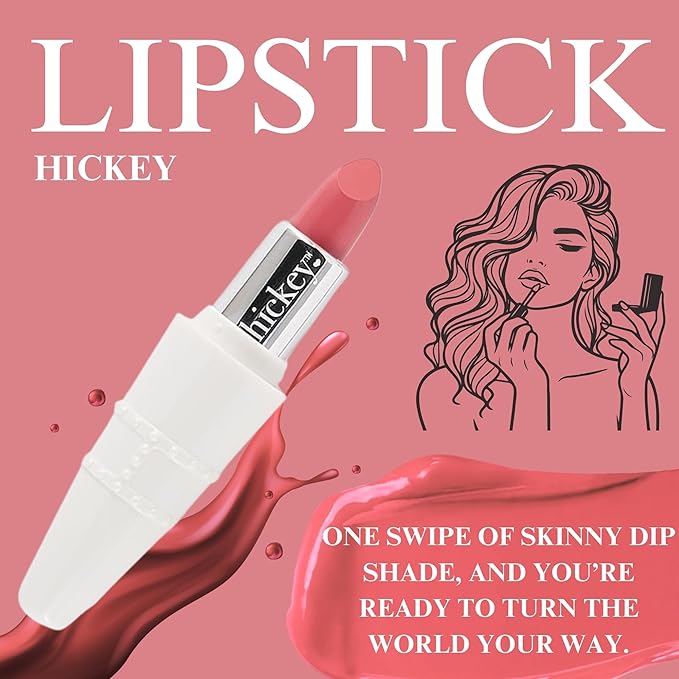 Hickey Lipstick Set - Skinny Dip (Light Pink), Refillable Silver Case with Chain, Satin Pouch & Ribbon (Wearable Necklace), Long Lasting Hydrating Velvet Finish Lipstick for Women, Vegan & Gluten-Free
