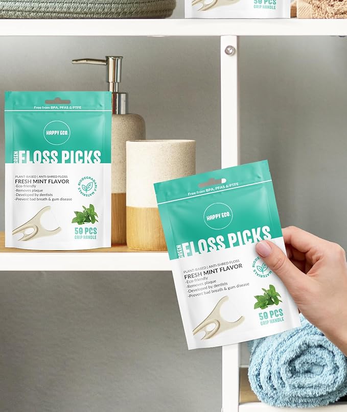 Dental Floss Picks (200pcs) - Flossers for Adults, Vegan Corn-Straw Grip Handle, Superior Oral Care & Anti-Shred Thread, Dental Hygiene, Tooth Pick Sticks, Teeth & Gum Health (Mint, Single Thread)