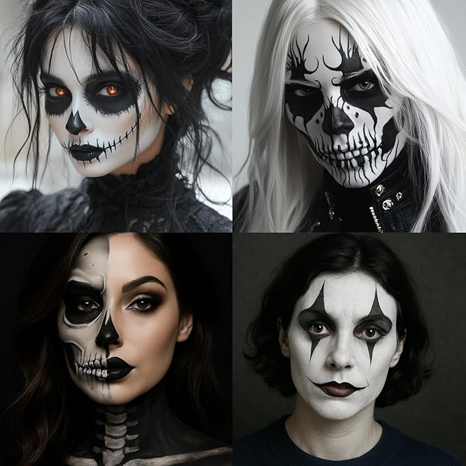 BADCOLOR 3PCS Black White Grey Face Body Paint Stick Makeup for Skull Skeleton Goth Mime SFX Cosplay & Dress Up, Full-Coverage Halloween Facepaint Makeup Kit