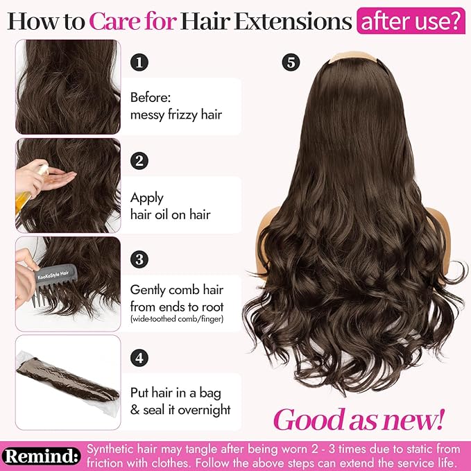 KooKaStyle Clip In Hair Extensions, Natural Long Layered Soft Invisible Synthetic Curly Wavy Hairpieces for Women, 4 pcs (20 Inch, Chocolate Brown)