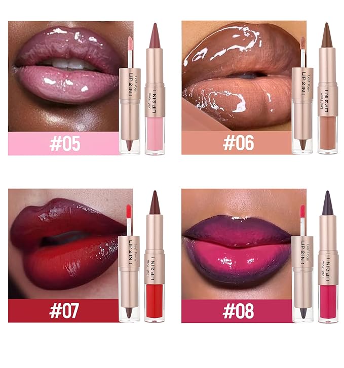 2-in-1 Double-Ended Matte Lip Liner & Lip Gloss Duo, Peach Nude Ombre Lip Combo Pencil, Lip Liner and Lipstick Gloss Set for Defined & Fuller Looking Lips, #04 Peach Nude
