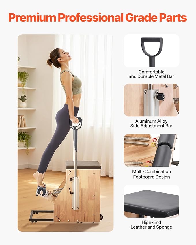 VEVOR Pilates Chair, Split-Pedal Stability Combo Chairs with Handles, Rubber Wood Frame Yoga Fitness Trainer, Exercise Reformer, Pilates Resistance-Workout Equipment, for Home Gym Studio Workout
