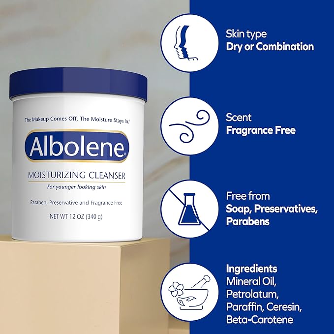 Albolene Moisturizing Cleanser & Makeup Remover Balm, Fragrance-Free Facial Cream for Cleansing & Hydration, Multi-Use Skincare for All Skin Types, No Harsh Chemicals, 12 oz (Pack of 1)