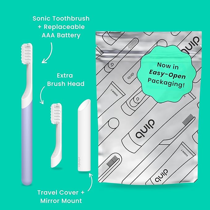 Quip Sonic Electric Toothbrush for Adults - Time Travel & Soft Bristles with Travel Case & Replacement Brush Head - 3 Month Battery Life, Plastic Handle - Lavender