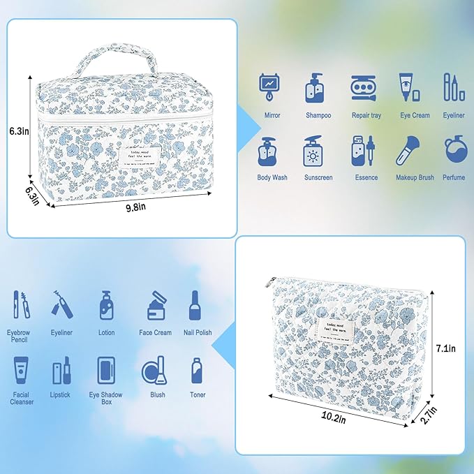 URSKYTOUS 2Pcs Cotton Quilted Makeup Bag for Women Extra Large Small Travel Cosmetic Bag Set Cute Blue Floral Print Makeup Pouch Portable Toiletry Bag Organizer Coquette Vintage Puffy Travel Essential
