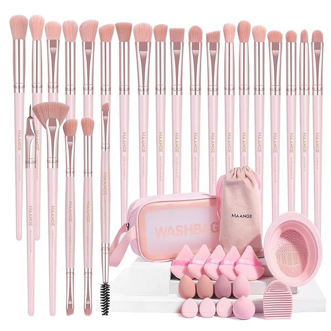 MAANGE Eye Makeup Brushes, 41 Pcs Premium Synthetic Precision Makeup Brush Set Contour Blush Eyeshadow Eyeliner Blending Make Up Brush Kit (Pink, 41 Piece Set)