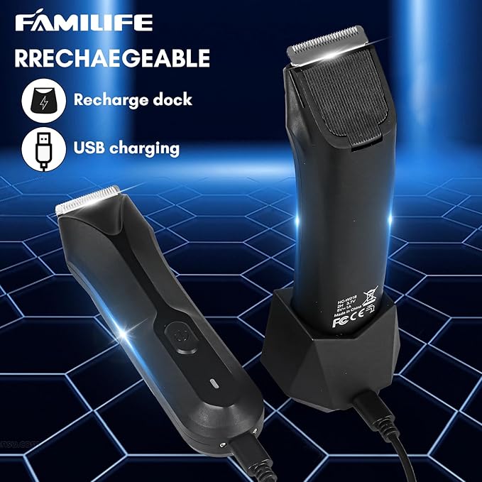 FAMILIFE Body Trimmer for Men, Ball Trimmer Men, Electric Groin & Pubic Hair Trimmers, Replaceable Ceramic Blade Heads, Waterproof Wet/Dry Use, Standing Recharge Dock, 90 Minutes Usage