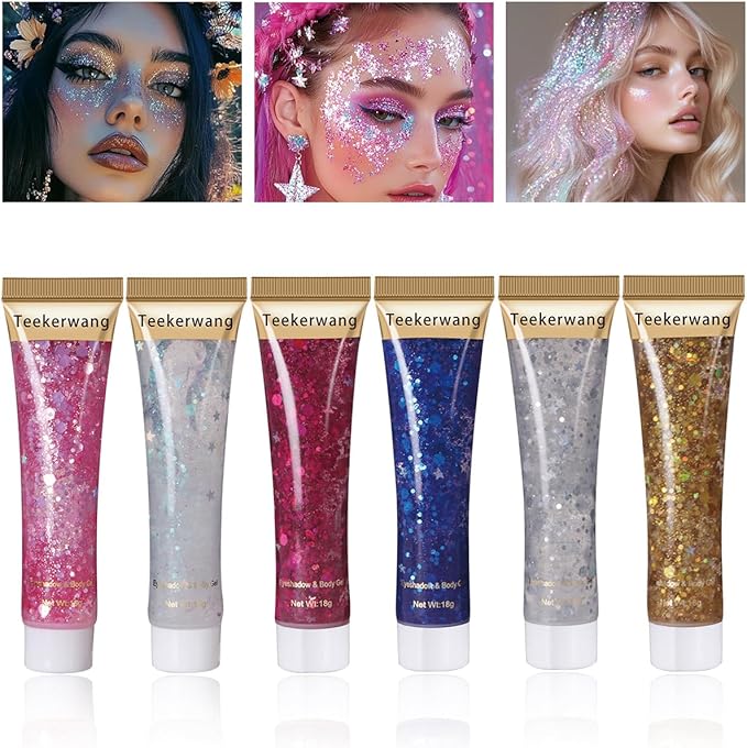 Miss Demi 6 Colors Face Body Glitter, Halloween Hair Glitter Sparkles Chunky Face Glitter Gel, Holographic Glitter Gel Set for Face and Body Makeup, Festival Party Decoration Rave Accessories. (01)
