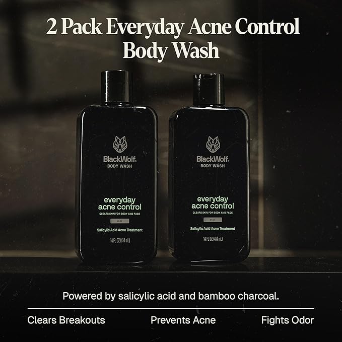 Black Wolf Salicylic Acid Body Wash for Men - 10 Fl Oz, 2-Pack - Men's Acne Body Wash - Charcoal Helps Reduce Acne Breakouts & Cleanse Your Skin - Full Coverage & Deep Clean Treatment - Men's Bodywash