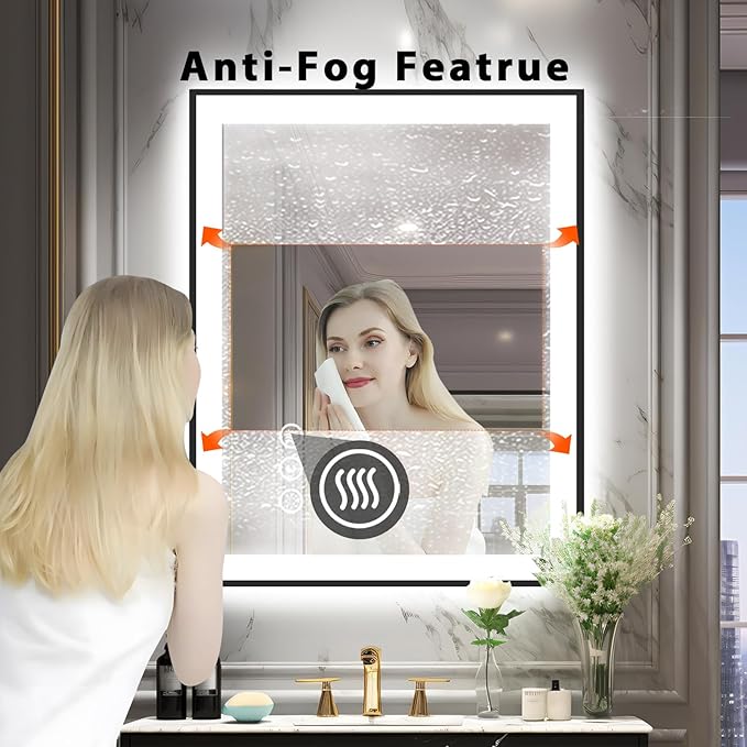 30x36 Lighted Mirrors for Bathroom Wall, Modern Rectangle Matte Black Mirror, Tempered Glass，Double Lights, 3 Colors Dimmable Temperature, IP54 Enhanced Anti-Fog, Memory (Horizontal/Vertical)