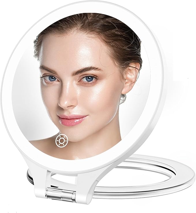 Magnifying Mirror with Light 10X/1X, Double Sided travel mirror with light, Rechargeable makeup mirror with 3 color setting Adjustable stand Lighted mirror Vanity Portable Desk Cosmetic Mirror