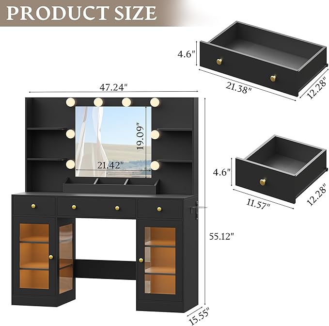 Vanity Desk With Mirror and Lights, Makeup Vanity Set with 3 Storage Drawers & Adjustable Shelves, Dressing Table with RGB Cabinets & Charging Station, 3 Lighting Modes for Women Kids Bedroom, Black