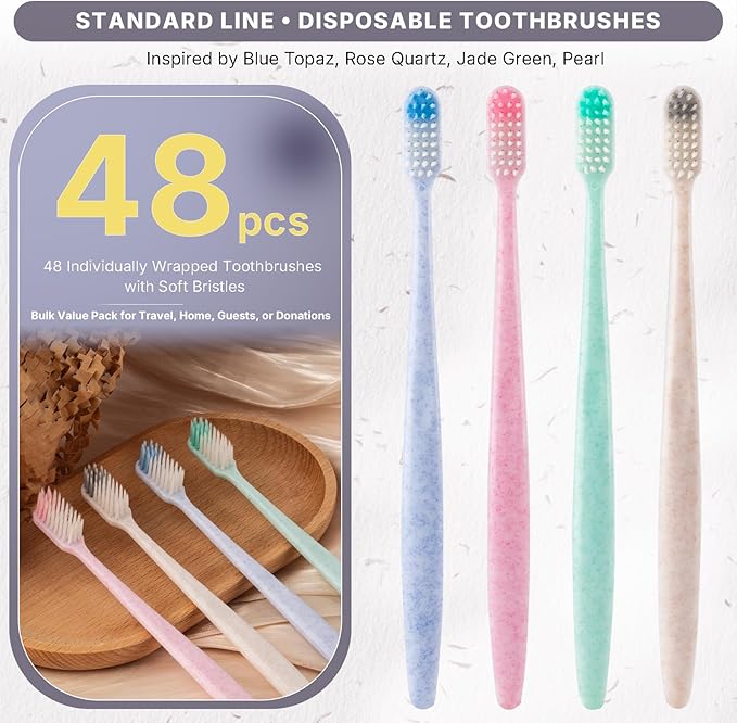 48-Pack Disposable Toothbrushes Individually Wrapped, Soft PBT Bristle Bulk Portable Travel Toothbrushes for Adults & Kids, Guest Bathroom, Hotel, Camping, Donation - 4 Gemstone Colors
