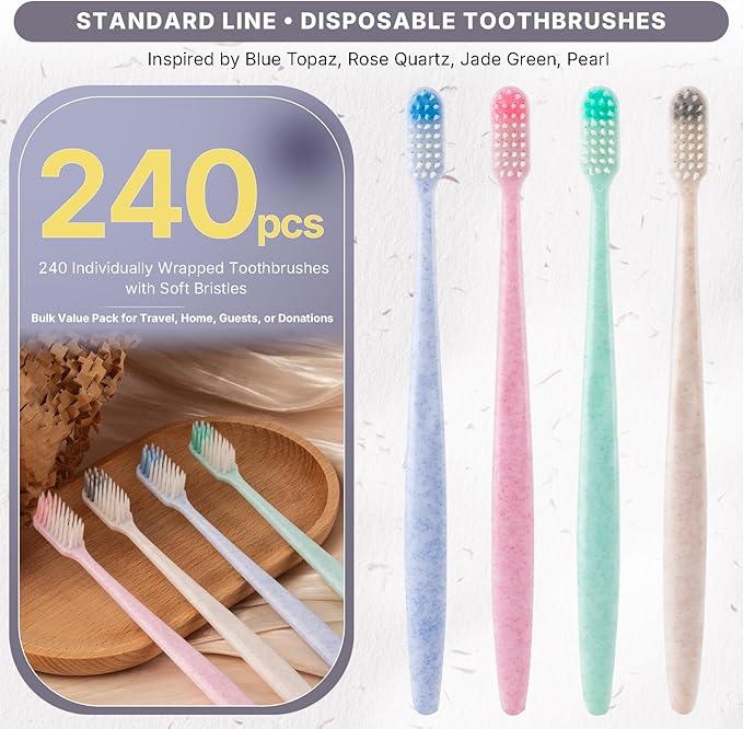 240-Pack Disposable Toothbrushes Individually Wrapped, Soft PBT Bristle Bulk Portable Travel Toothbrushes for Adults & Kids, Guest Bathroom, Hotel, Camping, Donation - 4 Gemstone Colors