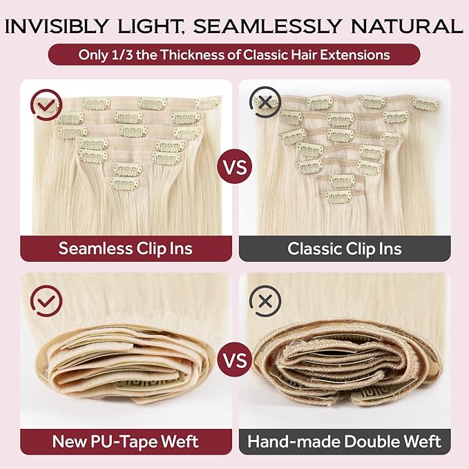 Clip in Hair Extensions Real Human Hair Seamless Clip Ins 100% Remy Hair Extensions PU Weft Golden Blonde Mix Light Blonde Thick&Invisible #P16A/22A 22Inch 120G 8PCS