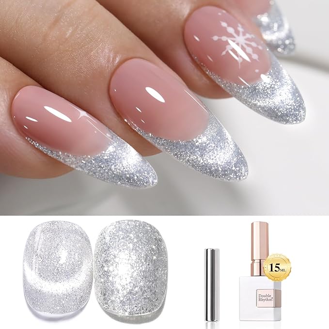 Double Rhythm 15ML Glitter Gel Polish 0.5Oz Shimmer Reflective Color for Nail Art Salon DIY at Home (Cat Eye Silver-MC1085)