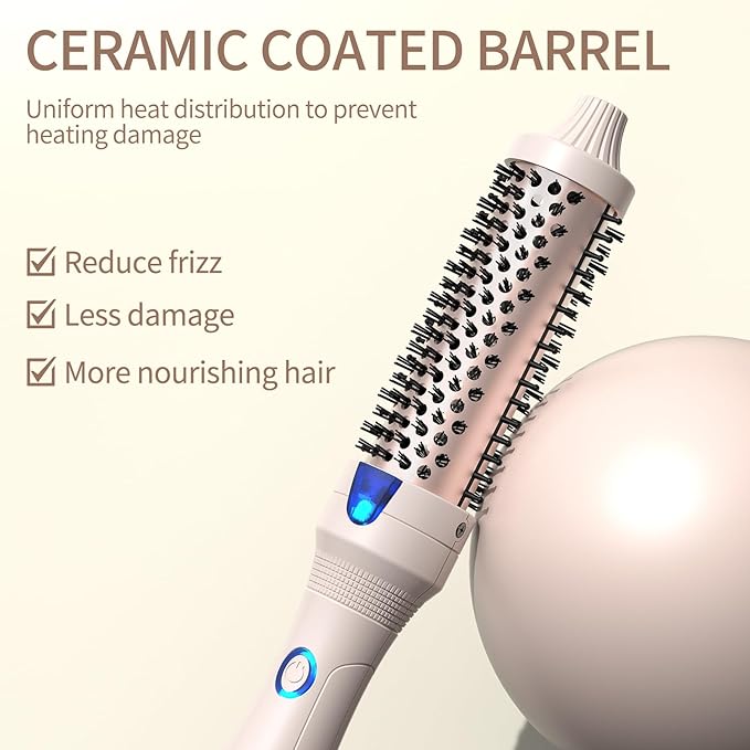 K&K 1.25 inch Volumizing Brush Heated Curling Ceramic Tourmaline Ionic Curling Iron Quick Heating Makes Hair Silky Smooth Dual Voltage Travel-Friendly Straightening Round Design (Pale pink, 1.25 Inch)