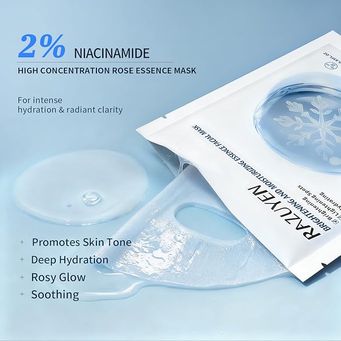 RAZUYEN Brightening Hydrating Face Mask (10 PCS), Glowing & Moisturizing Sheet Mask with Niacinamide, Rosa Water and Arbutin, Rose Face Mask For All skin types, Added Fragrance Free