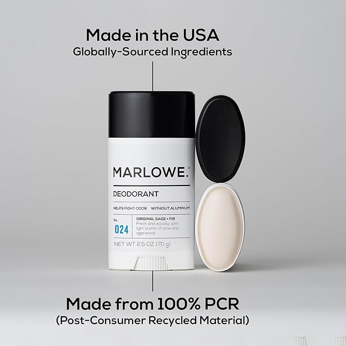 MARLOWE. No. 024 Mens Deodorant 2.5 oz, Natural Deodorant for Men, Aluminum Free Stick, Made with Coconut Oil, Shea Butter & Jojoba, Only No-Nonsense Ingredients, Sage & Fir Scent
