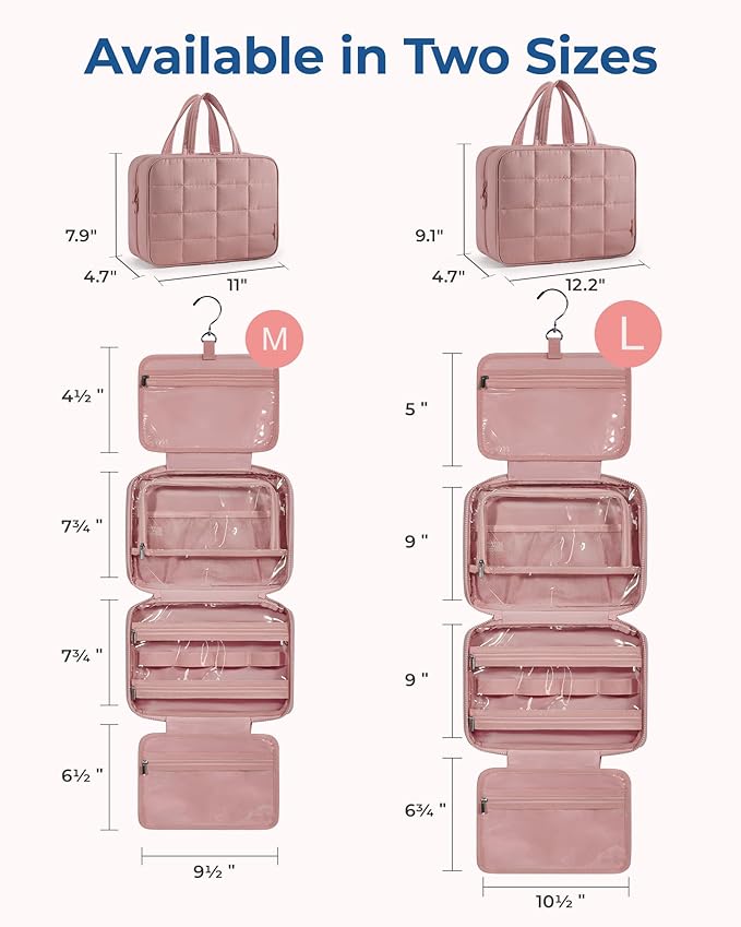 BAGSMART Travel Toiletry Bag with Jewelry Organizer, Hanging Travel Bag for Toiletries, Puffy Makeup Cosmetic Bag Organizer, Carry-on Travel Accessories Essentials, Dark Pink-M