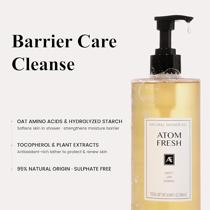 Atom Fresh Fine Fragrance Body Wash – Sweet Jam Jasmine Scent | Gentle Amino-Acid Cleanser with Oat, Soapberry & Vitamin E | Plant-Based & Sulfate-Free, 16.94 fl oz