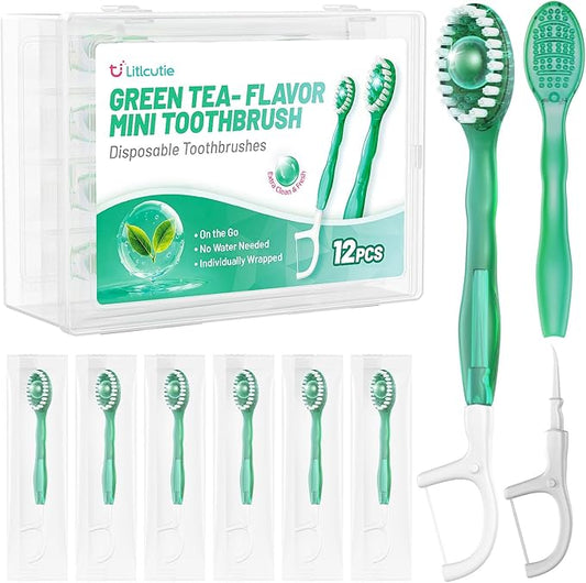 12 Pack 5 in 1 Disposable Mini Toothbrushes with Toothpaste, Floss, Pick & Tongue Scraper, Individually Wrapped, Portable Toothbrush Travel Set for Kids Adults, Green Tea Flavor