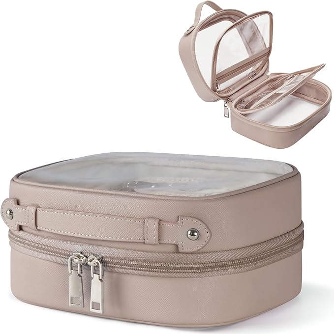 Oaque Clear Cosmetic Bag Double Layer 4 Compartments Travel Toiletry Bag Clear Makeup Bag Case with Zipper Transparent Travel Bag for Toiletries, Gift for Women Girls (Taupe, Small)