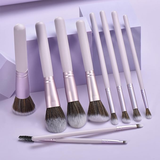 YJ-Anyue 10 Piece Purple Makeup Brushes - Wooden Handle with Soft Synthetic Bristles,for Face & Eye Makeup|Professional Makeup Brushes set for Women & Girls|