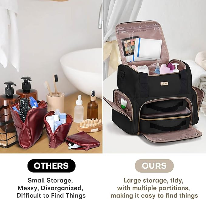 BAFAMYE Large Makeup Travel Cosmetic Bag with 2 Removable Case, Double Layer Big Travel Make Up Organizer Case, Toiletry Bag for Women, Train Cases Bags