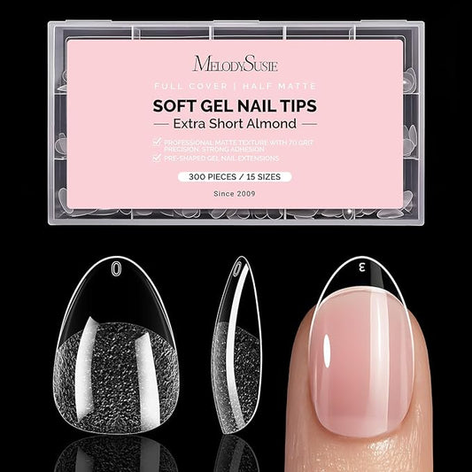 MelodySusie Extra Short Almond X Nail Tips - 300Pcs 15 Sizes Clear Acrylic,Half Matte Full Cover Press on Nails for DIY Extension & Salon Use, Pre-Shaped for Long-Lasting Manicure