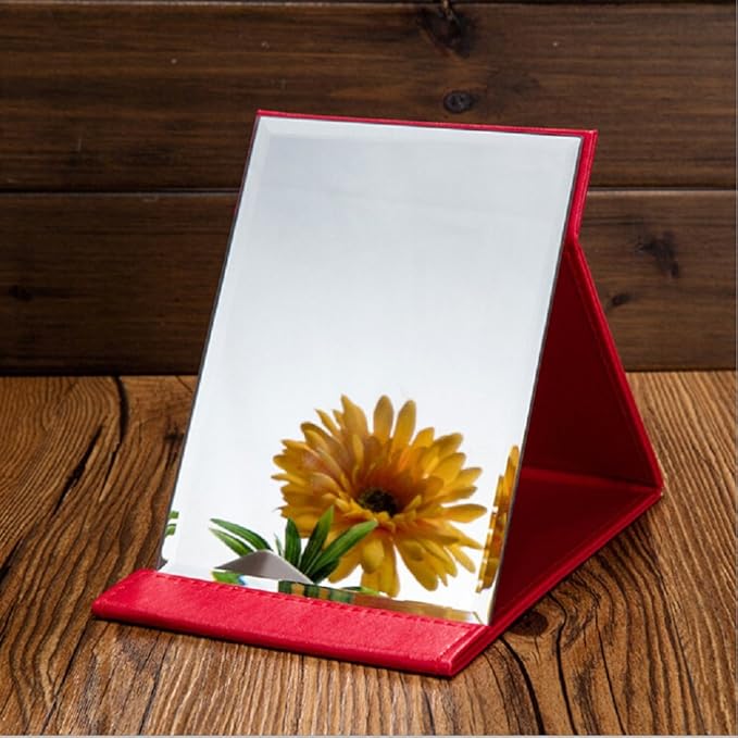 Protable PU Leather Mirror Folding Desktop Makeup Mirror with Adjustable Stand for Personal Use,Travelling (S, Red)